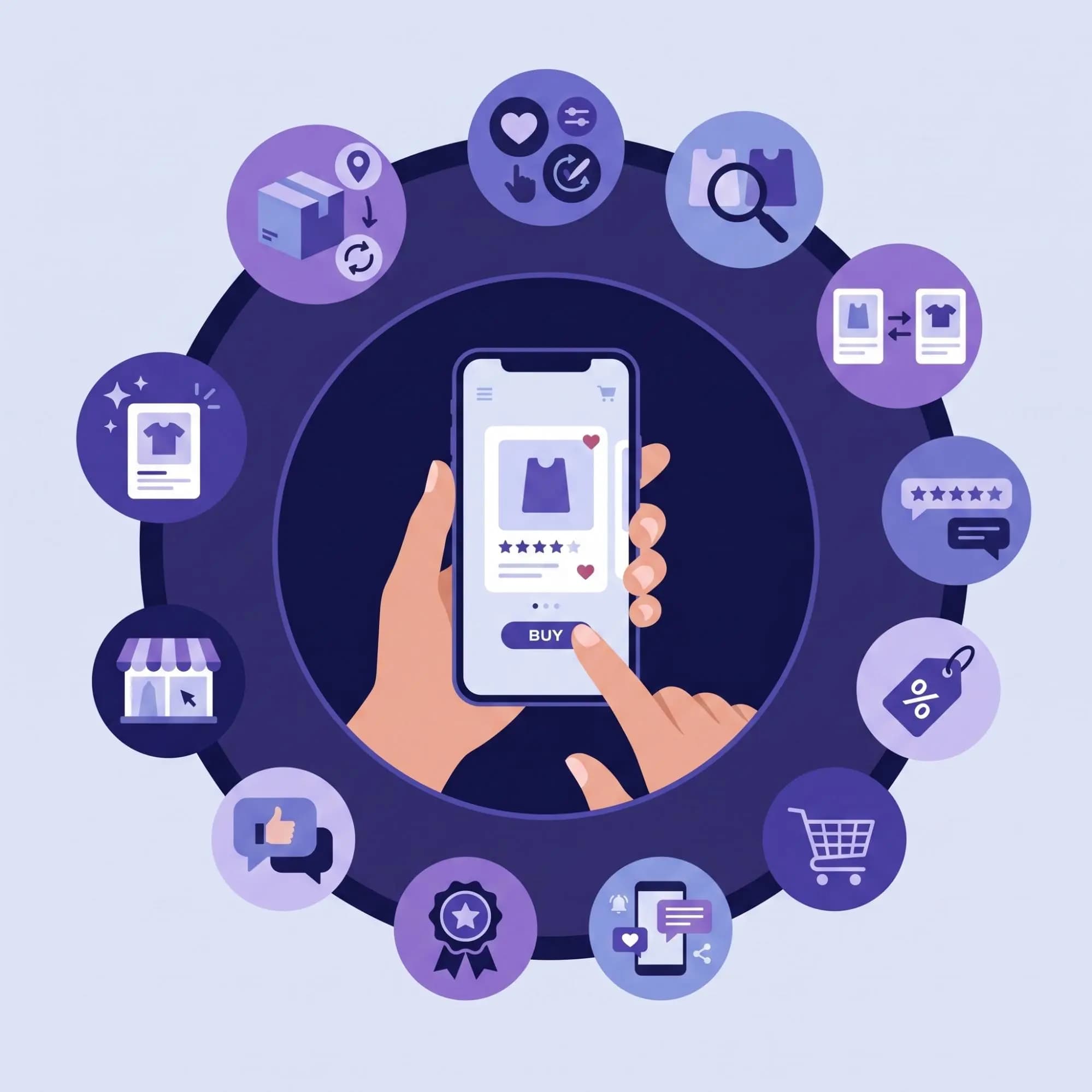 Shopper on a mobile app surrounded by behavior signals such as browsing, reviews, wishlist, and purchase actions