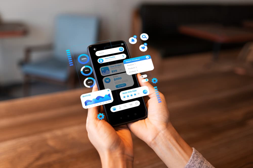 Hands holding a phone showing predictive statistics, product suggestions, and app ratings