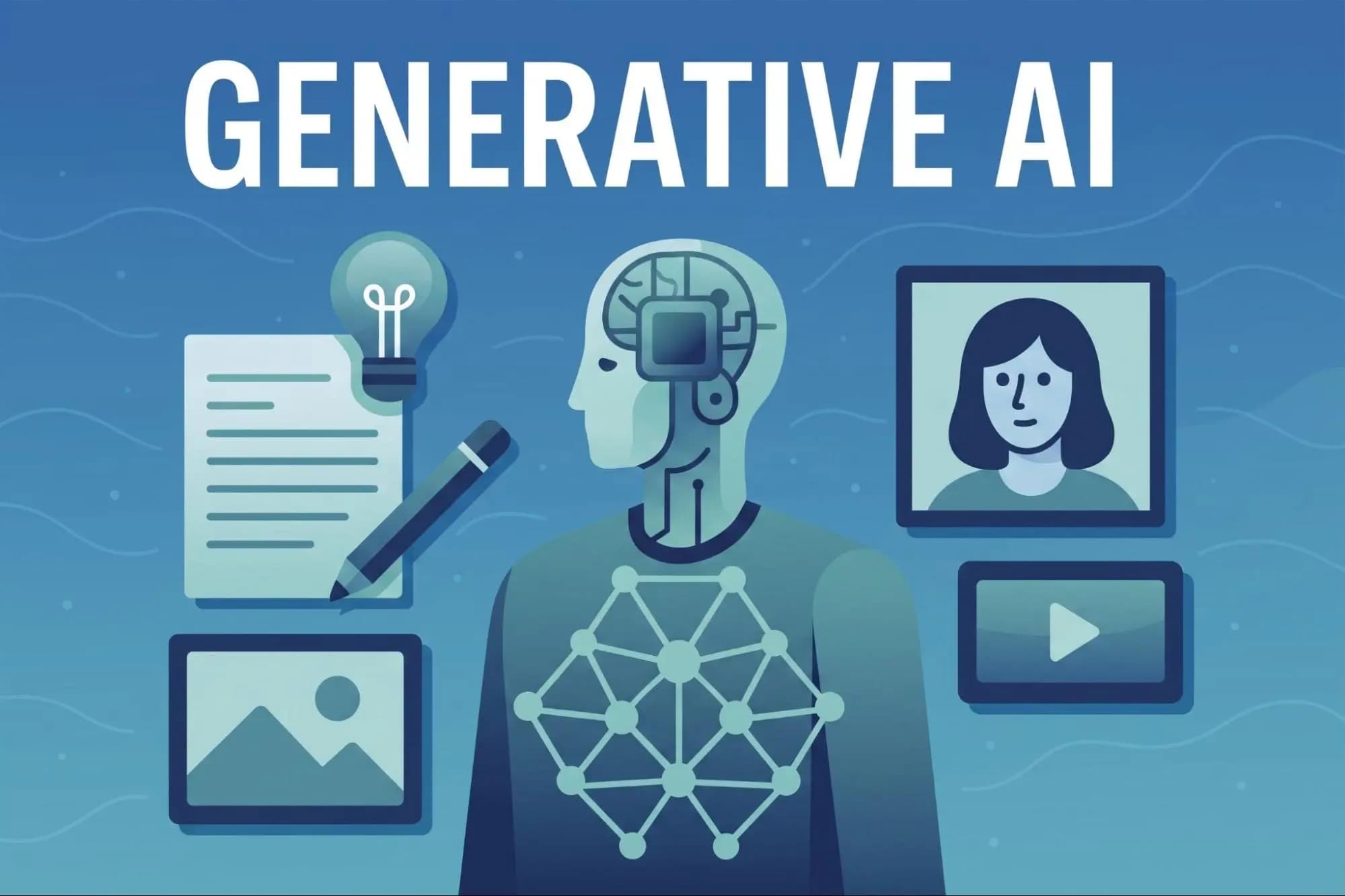 Generative AI diagram showing a robot generating text, images, portraits, and video content