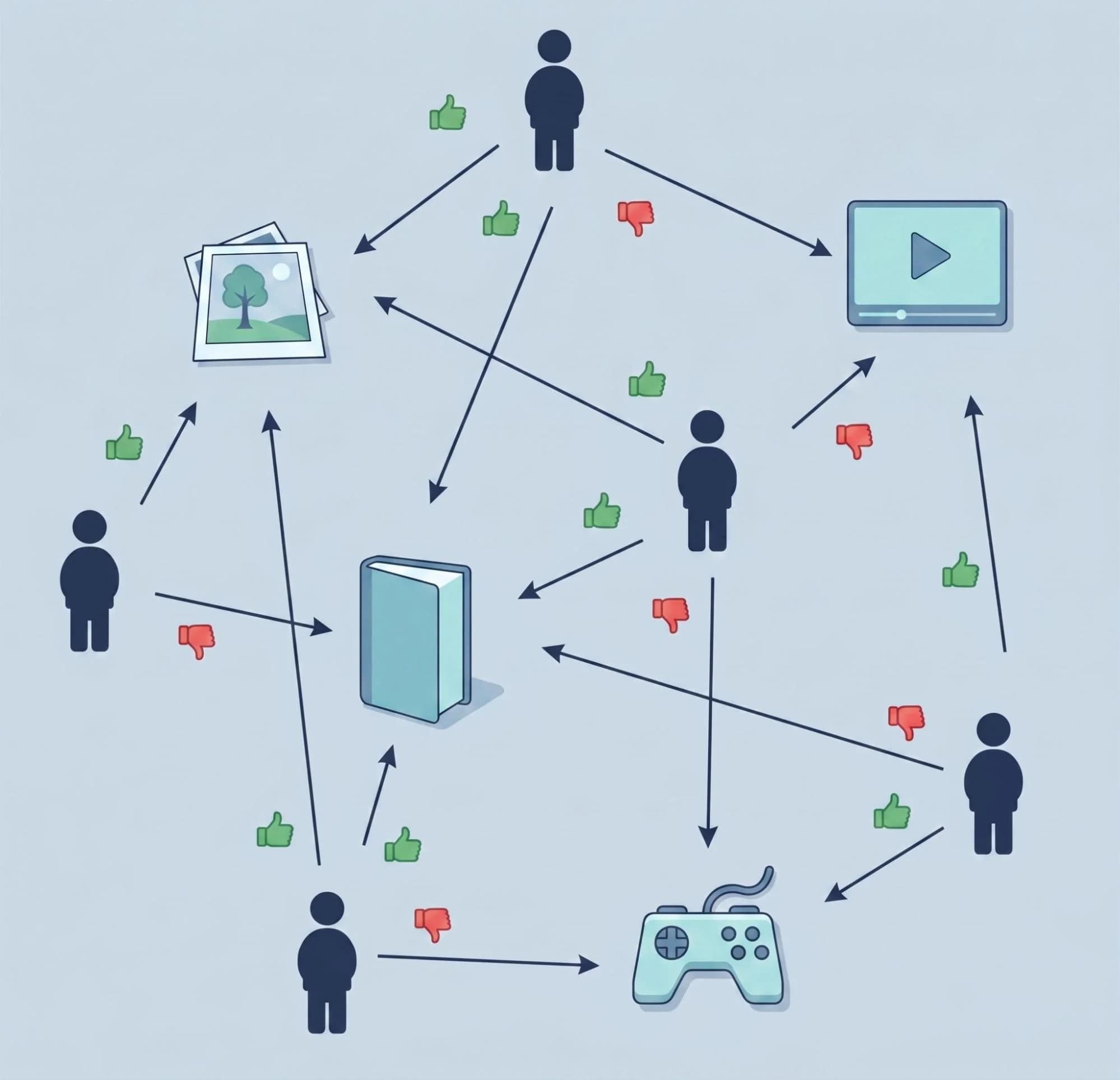Diagram of users linked by likes and dislikes to photos, videos, books, and games, illustrating collaborative filtering
