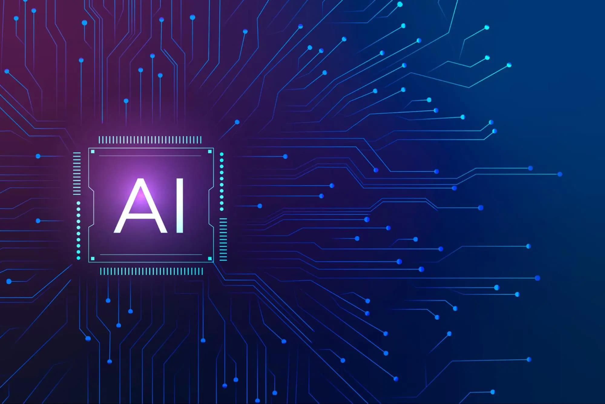 AI chip on a circuit board representing machine learning models processing data