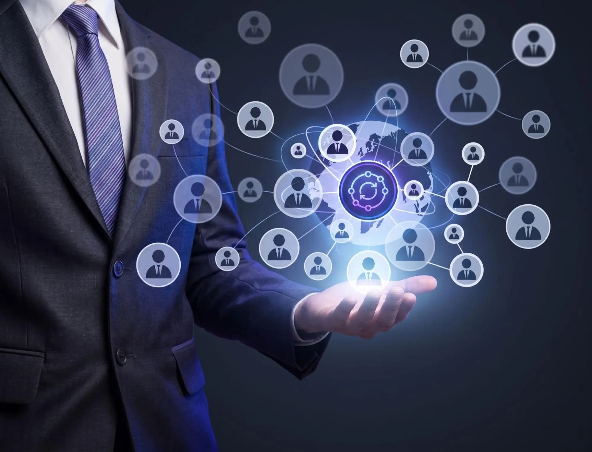 Businessperson holding a network of connected customer profile icons representing collected customer data