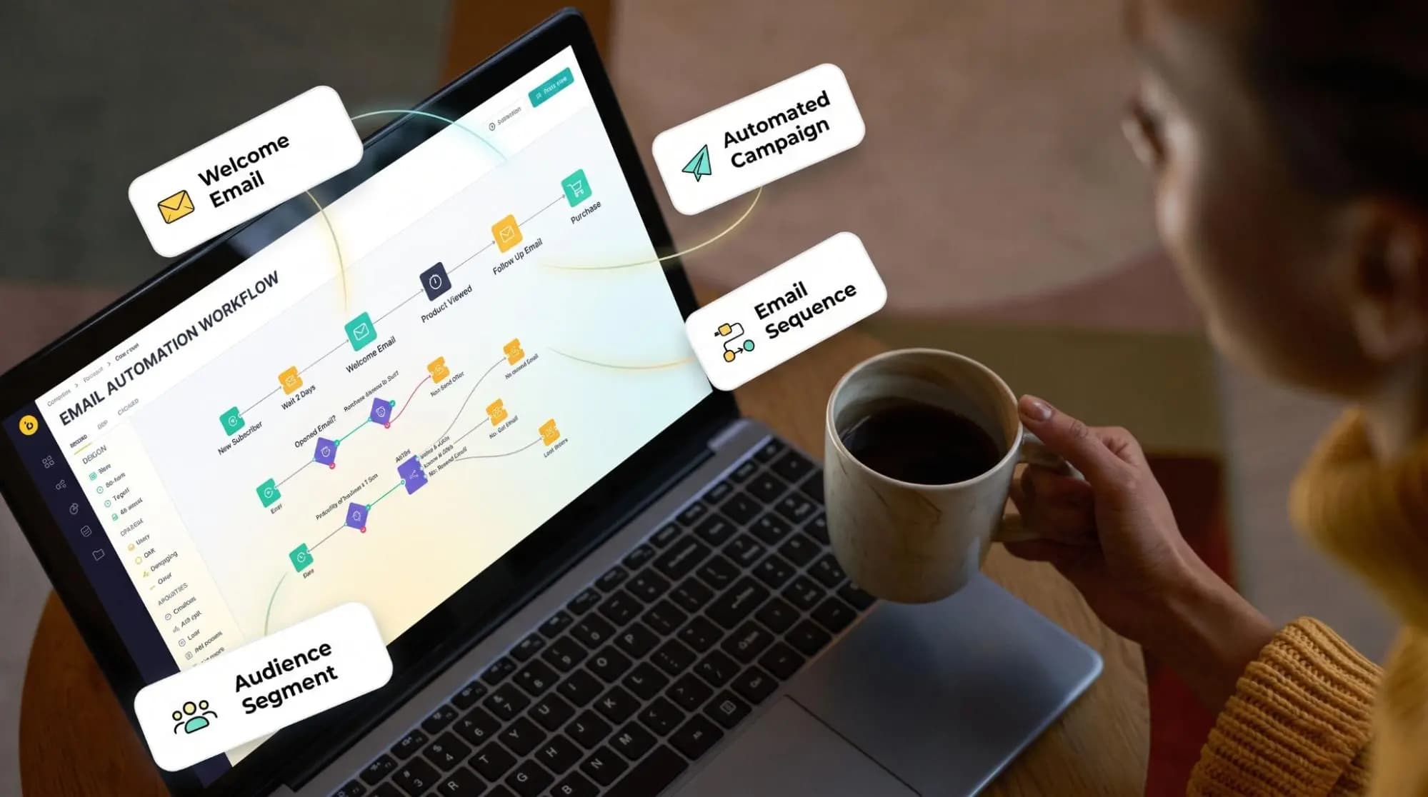 Laptop showing an email automation workflow with welcome email, audience segment, email sequence, and automated campaign steps