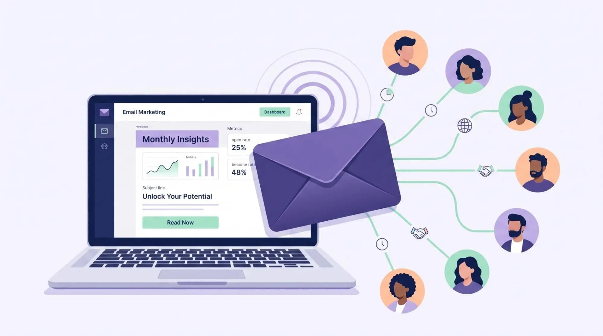 Enterprise email marketing dashboard delivering campaigns to a large connected audience