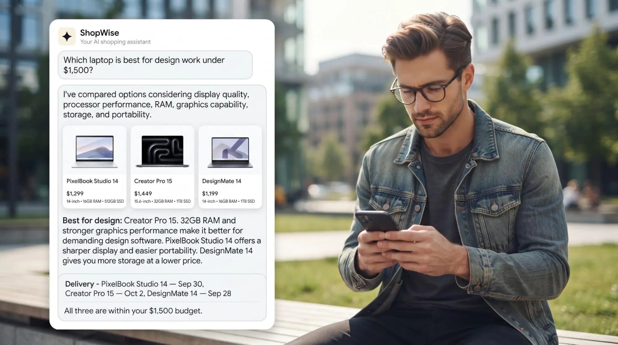 AI shopping assistant comparing laptops within a budget and checking delivery dates for a shopper