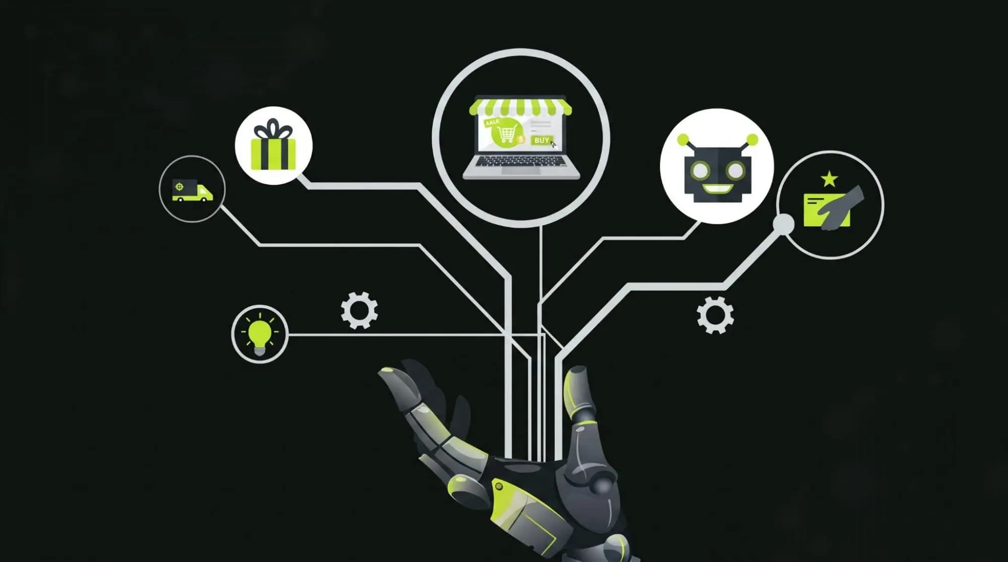 Robotic hand connected to ecommerce icons for storefront, chatbot, delivery, rewards and offers