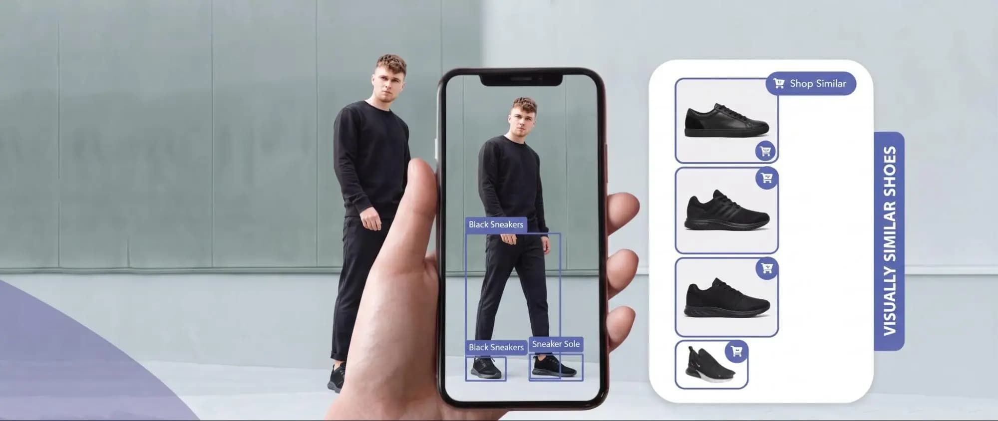 Visual search identifying black sneakers in a photo and returning visually similar shoes to shop